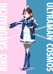 Rule 34 | 1girl, blue background, blue footwear, blue thighhighs, breasts, character name, color timer, commentary, cosplay, english text, full body, grey thighhighs, headphones, high heels, highres, jacket, long hair, looking at viewer, love live!, love live! sunshine!!, midriff, miniskirt, multicolored clothes, multicolored legwear, navel, pink background, red hair, sakurauchi riko, sasanon (sasapoliton), sidelocks, skirt, small breasts, solo, standing, thighhighs, two-tone background, ultra series, ultraman cosmos, ultraman cosmos (cosplay), ultraman cosmos (series), yellow eyes