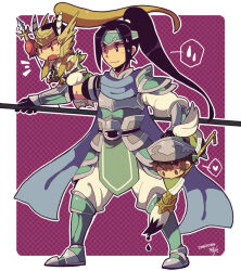 Rule 34 | 3boys, armor, black hair, blonde hair, boots, border, brown eyes, brown hair, calligraphy brush, chinese armor, dated, fang, full body, green footwear, heart, holding, holding polearm, holding weapon, ink, kotorai, long hair, ma chao, ma dai, male focus, mini person, miniboy, multiple boys, nervous, paintbrush, pants, polearm, ponytail, purple background, shin sangoku musou, sidelocks, signature, spoken heart, spoken sweatdrop, sweatdrop, wavy mouth, weapon, white border, white pants, zhao yun