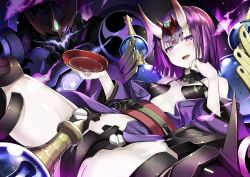 Rule 34 | 1girl, absurdres, alcohol, bare shoulders, breasts, collarbone, colored skin, commentary request, cup, eyeshadow, fangs, fate/grand order, fate (series), from below, glowing, glowing eye, gourd, head tilt, headpiece, highres, horns, japanese clothes, kimono, looking at viewer, lying, makeup, mecha, mitsudomoe (shape), navel, obi, on back, oni, open clothes, open kimono, open mouth, pale skin, pouring, purple eyes, purple hair, purple kimono, revealing clothes, robot, sakazuki, sake, sash, short eyebrows, short hair, shuten douji (fate), skin-covered horns, small breasts, smile, spread legs, tomoe (symbol), white skin, wide sleeves, zelitto