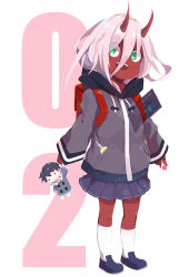Rule 34 | 10s, 1girl, absurdres, backpack, bag, book, candy, colored skin, commentary request, darling in the franxx, doll, eyes visible through hair, food, fringe trim, green eyes, grey jacket, highres, hiro (darling in the franxx), holding, holding doll, hood, hooded jacket, horns, jacket, lollipop, long hair, longzi (lez), oni horns, pink hair, purple footwear, purple skirt, red horns, red skin, shoes, skirt, socks, solo, white socks, zero two (darling in the franxx)