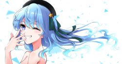 Rule 34 | 1girl, bare shoulders, beret, black hat, blue eyes, blue hair, commentary request, floating hair, green ribbon, grin, hair ribbon, hand to own mouth, hand up, hat, highres, hololive, hoshimachi suisei, hoshimachi suisei (streetwear), long hair, looking at viewer, official alternate hairstyle, one eye closed, one side up, partial commentary, portrait, ribbon, simple background, smile, solo, star (symbol), star in eye, symbol in eye, teeth, tilu, virtual youtuber, white background