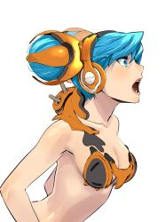 Rule 34 | 1girl, blue eyes, breasts, character request, cleavage, enami katsumi, highres, open mouth, short hair, simple background, solo, white background, unfinished