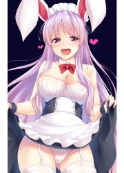 Rule 34 | 1girl, :d, alternate costume, animal ears, apron, bare arms, bare shoulders, black background, blush, bow, bowtie, breasts, cleavage, clothes lift, commentary request, cowboy shot, detached collar, dress, dress lift, enmaided, garter straps, heart, heart-shaped pupils, highres, hisae (hisae collect), large breasts, lifted by self, long hair, maid, maid apron, maid headdress, open mouth, panties, purple hair, rabbit ears, red bow, red bowtie, red eyes, reisen udongein inaba, sidelocks, simple background, smile, solo, standing, strapless, strapless dress, symbol-shaped pupils, thighhighs, thighs, touhou, underwear, very long hair, waist apron, white apron, white panties, white thighhighs, wrist cuffs