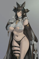 Rule 34 | 1girl, animal ears, breasts, brown hair, closed eyes, galleon (granblue fantasy), granblue fantasy, highres, huge breasts, jeneral, long hair, pouch, revealing clothes, solo, thigh pouch, underboob