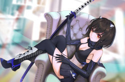 Rule 34 | 1girl, absurdres, armchair, armor, bare shoulders, black footwear, black gloves, black hair, black scarf, black skirt, blurry, blurry background, boots, chair, chinese commentary, commentary request, crop top, fingerless gloves, fishnets, gloves, high heel boots, high heels, highres, holding, holding sword, holding weapon, horns, indoors, katana, looking at viewer, midriff, miniskirt, navel, original, red eyes, scabbard, scarf, sheath, sheathed, short hair, side slit, skirt, solo, sword, thighhighs, thighs, weapon, xiumu bianzhou