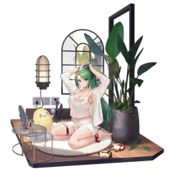 Rule 34 | 1girl, ankle ribbon, armpits, arms up, azur lane, blouse, breasts, cleavage, full body, green hair, highres, indoors, lace, lace-trimmed shirt, lace trim, large breasts, leg ribbon, littorio (azur lane), littorio (lounging emerald) (azur lane), long hair, looking at viewer, manjuu (azur lane), medium breasts, midriff peek, mirror, nagu, official alternate costume, official art, open clothes, open shirt, plant, ponytail, potted plant, red eyes, red hair, red ribbon, ribbon, round table, see-through, see-through shirt, shirt, shorts, sleepwear, solo, table, tank top, transparent background, tying hair, white shirt, white shorts