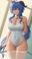 Rule 34 | 1girl, ahoge, bare shoulders, bell, blush, breasts, choker, cleavage, collarbone, competition swimsuit, covered navel, ganyu (genshin impact), genshin impact, highleg, highleg swimsuit, highres, large breasts, long hair, looking at viewer, low ponytail, neck bell, one-piece swimsuit, rei no pool, sidelocks, smile, solo, swimsuit, thighhighs, thighs, white one-piece swimsuit, white thighhighs, zaphn