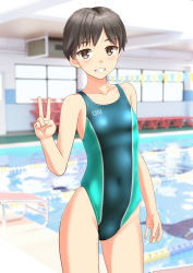 Rule 34 | 1girl, absurdres, aqua one-piece swimsuit, black hair, breasts, brown eyes, chair, clothes writing, competition swimsuit, cowboy shot, grin, highres, indoors, looking at viewer, lounge chair, one-piece swimsuit, original, pool, short hair, small breasts, smile, solo, swimsuit, takafumi, tomboy, v, water, window
