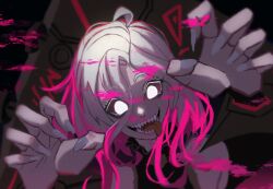 Rule 34 | 1girl, ahoge, blood, briar (league of legends), colored sclera, dark background, fingernails, grey hair, hair between eyes, highres, league of legends, long hair, looking at viewer, nail polish, no pupils, open mouth, pink blood, pink hair, red sclera, shadow, sharp fingernails, sidelocks, simple background, solo, teeth, tongue, tongue out, upper body, white eyes, white nails, wrist cuffs, zombie (saketyaduke umeee)