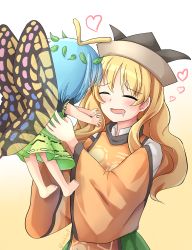 Rule 34 | 2girls, antennae, arms up, barefoot, blonde hair, blue hair, blush, butterfly wings, closed eyes, cowboy shot, detached sleeves, drooling, eternity larva, facing another, from behind, gradient background, green skirt, hair between eyes, hat, heart, highres, insect wings, leaf, leaf on head, lifting person, light blue hair, long hair, long sleeves, matara okina, multiple girls, open mouth, reaching, shirt, short sleeves, skirt, tabard, touhou, twitter username, white shirt, wings, yu cha