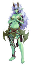 Rule 34 | 1girl, :d, arm tattoo, bare shoulders, barefoot, breast tattoo, breasts, cleavage, collarbone, colored skin, facial tattoo, feet, female focus, fishnets, green skin, horns, kenkou cross, licking lips, long hair, looking at viewer, midriff, monster girl, monster girl encyclopedia, navel, net, ogre, ogre (monster girl encyclopedia), open mouth, pointy ears, purple hair, red eyes, revealing clothes, rope, shoulder tattoo, simple background, smile, solo, standing, tattoo, tongue, tongue out, torn clothes, white hair