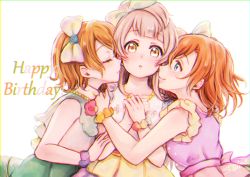 Rule 34 | 10s, 3girls, blue eyes, bow, brown hair, chromatic aberration, closed eyes, dress, girl sandwich, grey hair, hair bow, hand on another&#039;s arm, hand on another&#039;s shoulder, happy birthday, imminent kiss, koizumi hanayo, kosaka honoka, lilylion26, long hair, looking at viewer, love live!, love live! school idol project, minami kotori, multiple girls, one side up, orange hair, own hands together, printemps (love live!), sandwiched, short hair, signature, upper body, wristband, yellow eyes, yuri