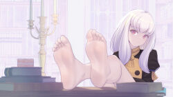Rule 34 | 1girl, barefoot, book, candlestand, desk, feet, fire emblem, ghhoward, highres, long hair, looking at viewer, lysithea von ordelia, nintendo, pink eyes, smile, soles, toes, white hair