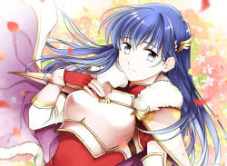 Rule 34 | 1girl, armor, blue eyes, blue hair, breastplate, caeda (fire emblem), cape, dress, elbow gloves, fingerless gloves, fire emblem, fire emblem: mystery of the emblem, fur trim, gloves, hair ornament, highres, long hair, looking at viewer, nintendo, official alternate costume, red dress, red gloves, shirokuroma 29, smile, solo, twitter username, upper body, white cape