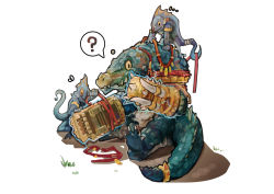 Rule 34 | 3others, ?, absurdres, armband, aztec, blue scales, crocodilian, furry, furry male, gauntlets, gloves, gold gloves, grass, helping, highres, holding, holding with tail, jewelry, jumbowhopper, kroxigor, lizardman, lizardman (warhammer fantasy), looking at another, looking at hands, multiple others, no humans, on ground, power fist, prehensile tail, putting on gloves, red rope, reptilian, ring, rope, sacred kroxigor, scales, simple background, sitting, skink, spiked gauntlets, spiked gloves, spoken question mark, tail, tail ornament, tail ring, total war, total war: warhammer, total war: warhammer 2, tying, warhammer fantasy, white background, wide-eyed, yellow eyes