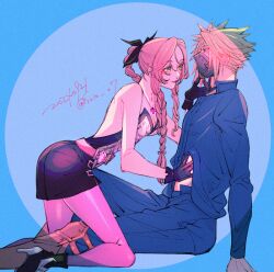 1boy 1girl aerith_gainsborough aerith_gainsborough_(bahamut_robe) aqua_eyes assertive_female bare_shoulders belt black_footwear black_gloves black_ribbon black_shorts blonde_hair blue_background blue_pants blue_shirt boots braid braided_ponytail breasts brown_footwear brown_hair cleavage cloud_strife cloud_strife_(alphreid_costume) collared_shirt couple dated final_fantasy final_fantasy_vii final_fantasy_vii_ever_crisis final_fantasy_vii_rebirth final_fantasy_vii_remake gloves green_eyes hair_over_shoulder hair_ribbon hand_on_another&#039;s_chin hand_on_another&#039;s_stomach hand_under_clothes hand_under_shirt hetero high_heel_boots high_heels jewelry kneeling long_hair looking_at_another loose_belt mask medium_breasts mouth_mask necklace official_alternate_costume pants parted_bangs ribbon shirt short_hair shorts sidelocks single_braid smile spiked_hair twitter_username wakakusa-e