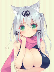 Rule 34 | 1girl, :t, animal ear fluff, animal ears, arm under breasts, bare arms, bare shoulders, bikini, black bikini, black ribbon, blush, breast hold, breasts, cleavage, closed mouth, green eyes, hair between eyes, hair ribbon, hamaru (s5625t), large breasts, long hair, looking at viewer, one side up, original, pink scarf, pout, ribbon, scarf, sidelocks, silver hair, solo, striped, striped background, swimsuit, vertical stripes