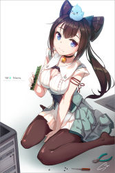 Rule 34 | 1girl, animal, animal on head, bad id, bad pixiv id, bell, between legs, bird, bird on head, blue eyes, breasts, brown hair, chick, choker, cleavage, closed mouth, collarbone, computer, dress, eating, food, food in mouth, food on face, from above, hagha, hair up, hand between legs, highres, long hair, looking at viewer, medium breasts, neck bell, on head, pantyhose, se:a, se:a story, simple background, sitting, sleeveless, sleeveless dress, smile, solo, tools, wariza