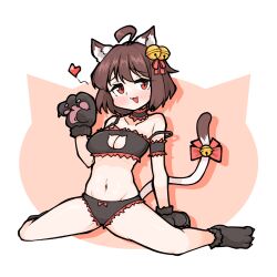 Rule 34 | 1girl, :3, ahoge, alternate costume, animal ears, animal hands, bell, black bra, black panties, blush, bow, bra, breasts, brown hair, cat ears, cat girl, cat lingerie, cat tail, cleavage, commentary request, fang, full body, gloves, hair bell, hair ornament, hair ribbon, hch cheol, heart, highres, ichihime, jingle bell, looking at viewer, mahjong soul, medium bangs, medium breasts, meme attire, open mouth, panties, paw gloves, paw shoes, red eyes, red ribbon, ribbon, shadow, short hair, sitting, solo, tail, tail bell, tail bow, tail ornament, underwear, underwear only, white background