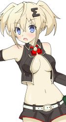 Rule 34 | bare shoulders, belt, blonde hair, blue eyes, breasts, cleavage, collar, crop top, god eater (neptunia), hair ornament, hairclip, highres, medium breasts, miniskirt, navel, neptune (series), open mouth, puchi 2ch, short hair, shorts, skirt, thighs, twintails, underboob