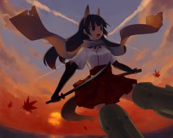 Rule 34 | 1girl, anabuki tomoko, animal ears, black hair, blue eyes, cloud, fisheye, gauntlets, gradient background, highres, japanese clothes, katana, kinosaki (green patio), leaf, miko, open mouth, scarf, sky, solo, strike witches, striker unit, sun, sunset, sword, tail, weapon, world witches series