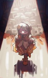Rule 34 | 1girl, blonde hair, brown capelet, brown headband, brown ribbon, brown skirt, capelet, chromatic aberration, curtsey, closed eyes, full body, hair ribbon, headband, highres, lobotomy corporation, long hair, nonga, pleated skirt, project moon, ribbon, skirt, spoilers, spotlight, standing, tiphereth a (project moon)