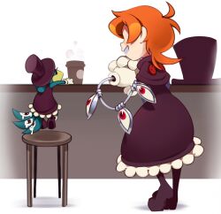 Rule 34 | 1girl, avery (skullgirls), coffee cup, counter, cup, cyborg, disposable cup, dress, frilled dress, frills, full body, gloves, grin, hat, unworn hat, unworn headwear, highres, leaning on object, luxey san, orange hair, peacock (skullgirls), short hair, skullgirls, smile, solo, steam, stool, top hat