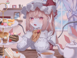 Rule 34 | 1girl, blonde hair, bow, cake, cake slice, cup, flandre scarlet, food, hat, highres, hisu (hisu ), jacket, long sleeves, looking at viewer, macaron, mob cap, open mouth, red bow, red eyes, red jacket, shirt, solo, tea, tea party, teacup, tiered tray, touhou, white hat, white shirt, window, yellow bow