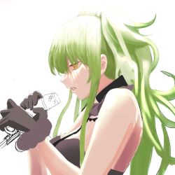 Rule 34 | 1girl, bare shoulders, black dress, black gloves, breasts, dress, from side, girls&#039; frontline, gloves, green hair, hair between eyes, half-closed eyes, highres, holding, holding microphone, long hair, looking at hands, m950a (concert diva!) (girls&#039; frontline), m950a (girls&#039; frontline), medium breasts, messy hair, microphone, official alternate costume, open mouth, sd bigpie, sidelocks, simple background, solo, strapless, strapless dress, twintails, two side up, unfinished, white background, yellow eyes