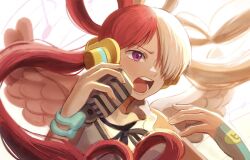 Rule 34 | 1girl, black ribbon, commentary, commentary request, english commentary, hair over one eye, hair rings, headphones, highres, holding, holding microphone stand, long hair, microphone stand, multicolored hair, oekakiboya, one eye covered, one piece, one piece film: red, open mouth, purple eyes, red hair, ribbon, solo, split-color hair, teeth, twintails, two-tone hair, uta (one piece), white hair