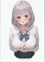 Rule 34 | 1girl, absurdres, blush, bow, braid, breast pocket, breasts, cleavage, collarbone, green eyes, grey hair, highres, hololive, large breasts, long sleeves, looking at viewer, official alternate costume, open mouth, own hands together, pleated skirt, pocket, ribbon, scan, school uniform, shirogane noel, shirogane noel (school uniform), shirt, short hair, simple background, skirt, solo, teeth, upper body, virtual youtuber, watao, white background, white shirt