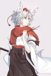 Rule 34 | 1girl, absurdres, animal ears, detached sleeves, hakama, hakama skirt, hat, highres, inubashiri momiji, japanese clothes, kuroneko (sanzo5531), looking away, pom pom (clothes), red eyes, red scarf, revision, scarf, short hair, silver hair, skirt, solo, sword, tail, tokin hat, touhou, weapon, wolf ears, wolf tail