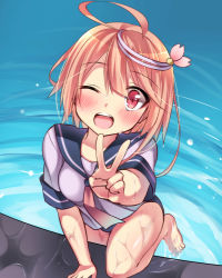 Rule 34 | 10s, 1girl, ahoge, barefoot, hair ornament, i-58 (kancolle), kantai collection, neckerchief, one eye closed, open mouth, pink eyes, pink hair, school swimsuit, school uniform, serafuku, short hair, short sleeves, sk02, smile, solo, swimsuit, v