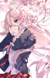 Rule 34 | 1girl, ahoge, bag, bison cangshu, black jacket, blazer, blue eyes, blurry, blurry background, braid, branch, cevio, commentary, depth of field, floating hair, flower, flower-shaped pupils, hair between eyes, hands up, highres, ia (vocaloid), jacket, long hair, looking away, necktie, open clothes, open jacket, parted lips, pink hair, pink theme, plaid, plaid necktie, plaid skirt, red necktie, red skirt, school bag, school uniform, shirt, skirt, solo, symbol-shaped pupils, twin braids, very long hair, vocaloid, white flower, white hair, white shirt