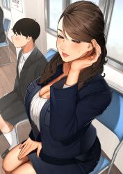 Rule 34 | 1boy, 1girl, black footwear, black hair, black shorts, blush, breasts, brown eyes, brown hair, buttons, cleavage, collared shirt, commentary request, curvy, dress shirt, eyelashes, formal, hair behind ear, highres, indoors, jacket, jewelry, large breasts, lips, long hair, mature female, office lady, on chair, open clothes, open jacket, original, parted hair, pencil skirt, ring, sakura no tomoru hi e, shirt, shorts, sitting, skirt, skirt suit, small sweatdrop, socks, suit, translated, wedding ring, white shirt, white socks