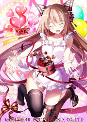 Rule 34 | 1girl, :d, apron, armor, bad id, bad pixiv id, bare arms, black thighhighs, blush, boots, brown hair, butterfly hair ornament, chocolate, closed eyes, facing viewer, floral background, full body, gauntlets, gluteal fold, hair ornament, heart, jumping, kaku-san-sei million arthur, long hair, million arthur (series), no shoes, official art, open mouth, outstretched arms, pink background, single boot, smile, solo, spread arms, thigh boots, thighhighs, very long hair, watermark, yuuki kira