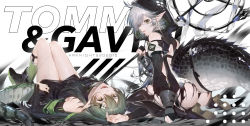 Rule 34 | 2girls, absurdres, arknights, armband, ass, bad id, bad pixiv id, bare shoulders, black gloves, black socks, commentary request, crocodilian tail, detached sleeves, gavial (arknights), gloves, green hair, green legwear, hair ornament, hairclip, hatachi8p, highres, holding, holding staff, kneehighs, long hair, looking at viewer, lying, multiple girls, on back, open mouth, orange eyes, parted lips, partially fingerless gloves, pointy ears, silver hair, socks, staff, tail, thighhighs, tomimi (arknights), yellow eyes