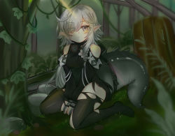 Rule 34 | 1girl, absurdres, arknights, between legs, black legwear, black shirt, black sleeves, blush, braid, breasts, crocodilian tail, detached sleeves, flower, forest, full body, gloves, grey gloves, grey hair, hand between legs, highres, long hair, looking at viewer, nature, outdoors, partially fingerless gloves, pointy ears, shirt, sitting, small breasts, solo, tail, tomimi (arknights), torn clothes, torn legwear, wariza, white flower, yellow eyes, ying miao