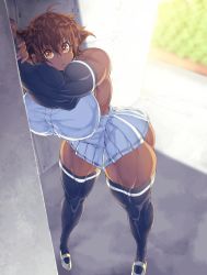 Rule 34 | 1girl, ass, bare shoulders, breasts, brown hair, curvy, female focus, highres, huge ass, huge breasts, jin-jin, large breasts, looking at viewer, muscular, open mouth, orange eyes, solo, standing, thick thighs, thighhighs, thighs, wide hips