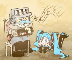 Rule 34 | 1boy, 1girl, :&gt;, aqua eyes, aqua hair, boots, brown background, chair, closed eyes, commentary, detached sleeves, eighth note, english commentary, facial hair, full body, hands on own cheeks, hands on own face, hatsune miku, head rest, ibm, ibm 7094, long hair, looking at another, lying, music, musical note, mustache, on stomach, singing, sitting, skirt, smile, staff (music), tape, thegreatrouge, thigh boots, twintails, very long hair, vocaloid