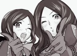 Rule 34 | 2girls, blush, commentary request, fate/grand order, fate (series), forehead, gloves, greyscale, leonardo da vinci (fate), leonardo da vinci (fate/grand order), leonardo da vinci (rider) (fate), long hair, looking at viewer, metarogu, monochrome, multiple girls, one eye closed, open mouth, parted bangs, pointing, portrait, puff and slash sleeves, puffy sleeves, simple background, white background