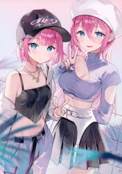 Rule 34 | 2girls, absurdres, ancotaku, arm behind back, baseball cap, belt, beret, blue eyes, blush, breasts, cleavage, closed mouth, collarbone, earrings, fingernails, gradient background, hand up, hat, highres, jewelry, long hair, looking at viewer, medium breasts, midriff, multiple girls, nail polish, navel, necklace, off shoulder, original, pants, pink hair, pleated skirt, ring, scan, short hair, simple background, skirt, sleeveless, small breasts, smile, stomach, turtleneck, v