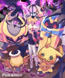 1boy absurdres black_footwear blonde_hair chandelure cofagrigus creatures_(company) fire full_body game_freak gen_3_pokemon gen_4_pokemon gen_5_pokemon giratina headband highres holding_ofuda lampent legendary_pokemon light_particles litwick looking_at_viewer morty_(pokemon) nagatsukiariake nintendo pants parted_lips pokemon pokemon_(creature) pokemon_hgss purple_eyes purple_fire purple_headband sableye shedinja white_pants yamask