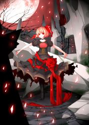 Rule 34 | 1girl, alternate costume, blonde hair, choker, embodiment of scarlet devil, female focus, hair ribbon, looking at viewer, moon, noirly, outstretched arms, red eyes, red moon, ribbon, ruins, rumia, short hair, smile, solo, spread arms, touhou