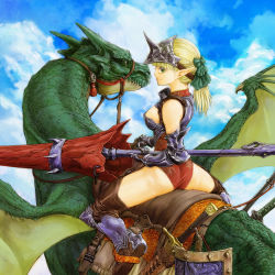 Rule 34 | 1girl, armor, ass, blonde hair, boots, cervus, dragon, dragon riding, elbow gloves, elf, fantasy, flying, gloves, green eyes, horns, lance, leotard, long hair, original, pointy ears, polearm, ponytail, riding reins, saddle, scabbard, sheath, shield, single horn, sky, solo, sword, thigh boots, thighhighs, weapon