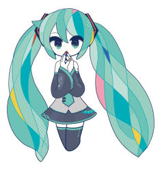 Rule 34 | 1girl, aqua eyes, aqua hair, bare shoulders, black thighhighs, chisuke, covered mouth, detached sleeves, hatsune miku, headphones, long hair, looking at viewer, nail polish, necktie, simple background, skirt, solo, thighhighs, twintails, very long hair, vocaloid, white background, wide sleeves, zettai ryouiki