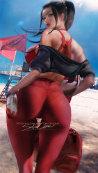 Rule 34 | 1girl, artist name, ass, avatar: the last airbender, avatar legends, azula, bag, ball, bare shoulders, beach, beachball, black hair, black leggings, bottle, bra, breasts, duffel bag, ear piercing, earrings, female focus, from behind, holding, holding bag, holding bottle, hood, hoodie, jewelry, large breasts, leggings, lifeguard chair, lips, looking at viewer, looking back, pants, piercing, ponytail, red bra, red lips, red pants, sakimichan, signature, skindentation, solo, sports bra, sportswear, standing, thick lips, thick thighs, thigh gap, thighs, turning head, underwear, volleyball (object), water bottle, yoga pants