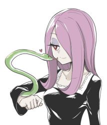 Rule 34 | 1girl, breasts, hair over one eye, little witch academia, long hair, pink hair, smile, snake, solo, sucy manbavaran