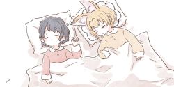 Rule 34 | 2girls, aged down, alternate costume, animal ears, black hair, blanket, blonde hair, collared shirt, commentary request, extra ears, closed eyes, kaban (kemono friends), kemono friends, korean commentary, long sleeves, matching outfits, multiple girls, no headwear, orange shirt, pajamas, pink shirt, san sami, serval (kemono friends), shirt, short hair, sleeping