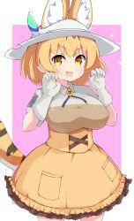 Rule 34 | 1girl, :d, animal ear fluff, animal ears, berusa (berutoo), breasts, claw pose, cowboy shot, dress, ears through headwear, gloves, hat, highres, kemono friends, kemono friends 3, large breasts, light blush, open mouth, orange dress, pink background, serval (kemono friends), serval tail, simple background, smile, solo, tail, v-shaped eyebrows, white gloves